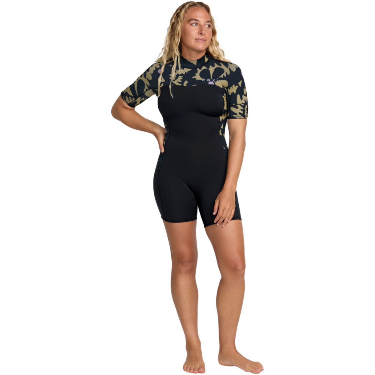 2026 Roxy Frauen Swell Natural 2mm R&uuml;ckenrei&szlig;verschluss Shorty Neoprenanzug 26BW253501 - Black Floral